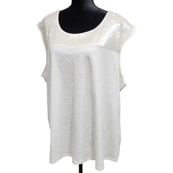 ❤️2/$18 Dana Buchman Womens Ivory Sequin Top Sleeveless Spread Collar Tank 3X - Picture 1 of 7